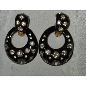 Vintage 80s 90s Black Enamel Clip On Drop Earrings Gold Tone Rhinestones Dangle